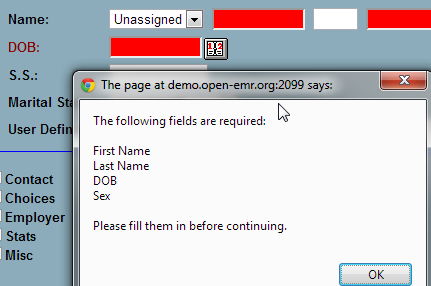 error message for missing data elements at OpenEMR data entry
