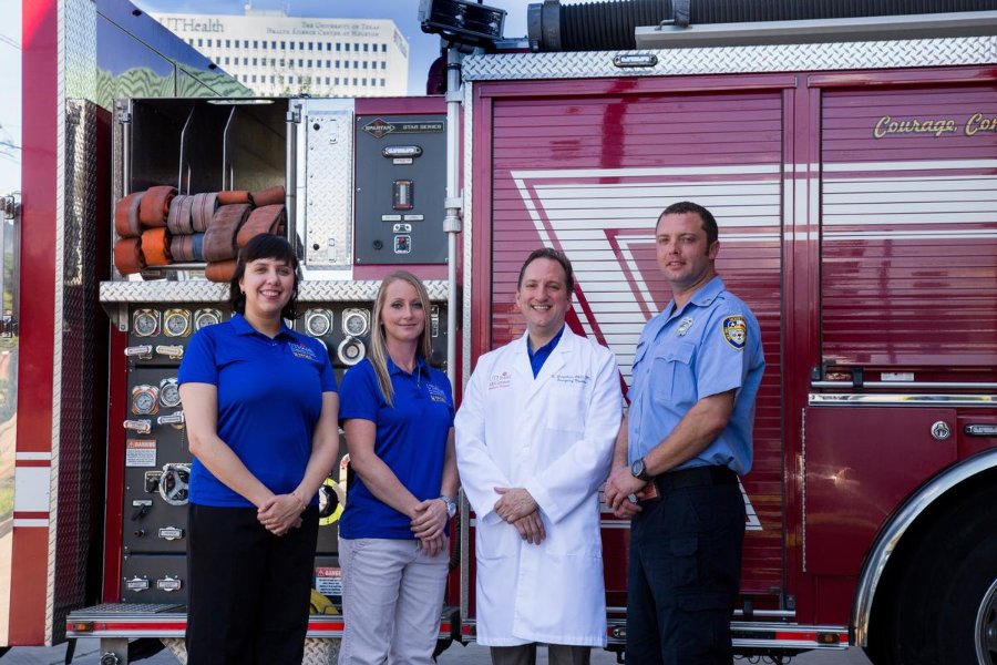 Photo of Katherine Kirages, MSW, program coordinator; Jessica Yeager, recovery coach; James Langabeer, PhD, MBA, program founder; Andrew Kincannon, HFD paramedic and firefighter.