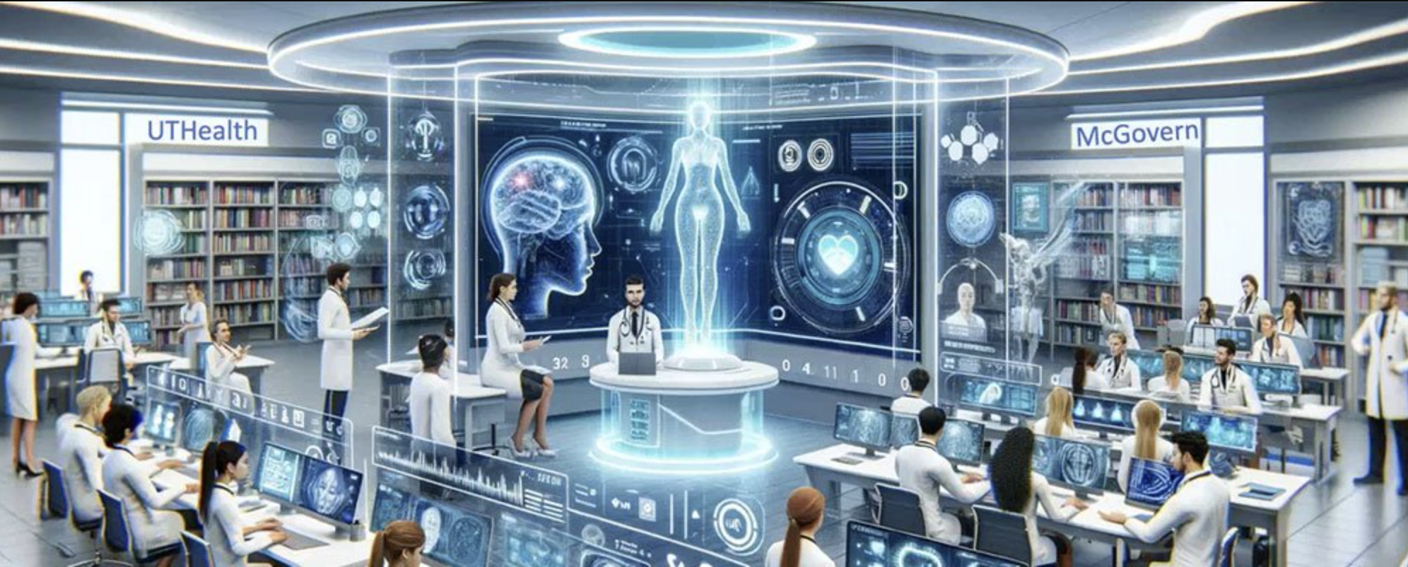 A futuristic look of a classroom at a medical school that incorporates artificial intelligence. (Photo by Jiajie Zhang/Chat GPT)