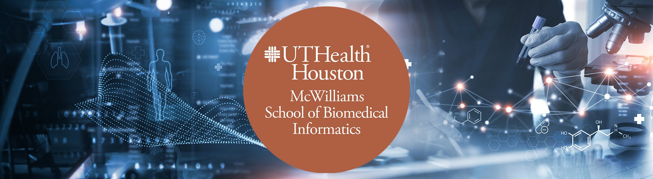 McWilliams School of Biomedical Informatics Logo on top of a researcher using AI graphic