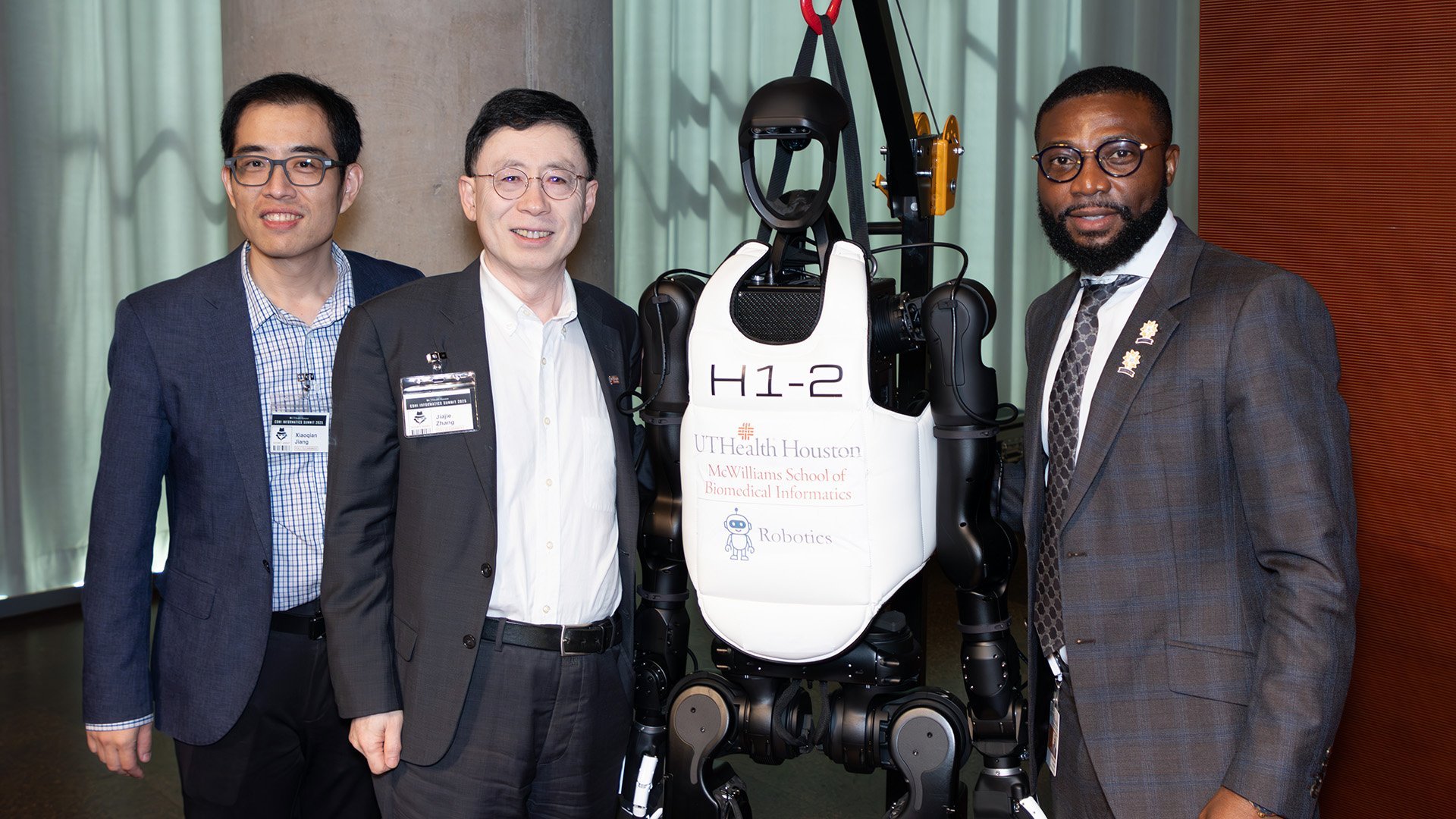 From left to right: Xiaoqian Jiang, PhD, associate vice president for medical AI, Jiajie Zhang, PhD, dean of McWilliams School of Biomedical Informatics at UTHealth Houston, and Babatope Fatuyi, chief medical officer at UTHealth Houston.