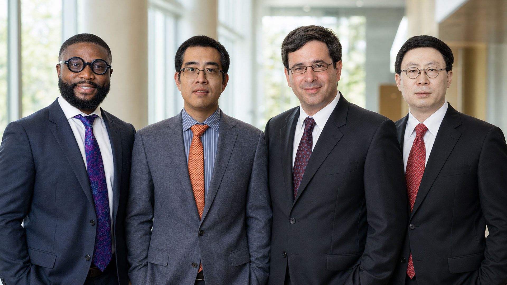 Four individuals in business attire stand side by side in a bright, modern indoor corridor with large windows in the background.