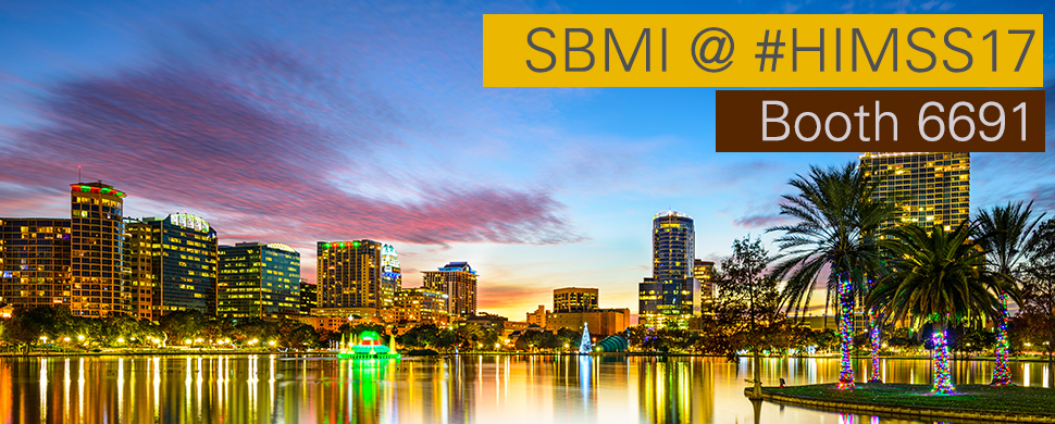 SBMI at HIMSS 2017 Conference in Booth 6691, skyline of Orlando, Florida at sunset