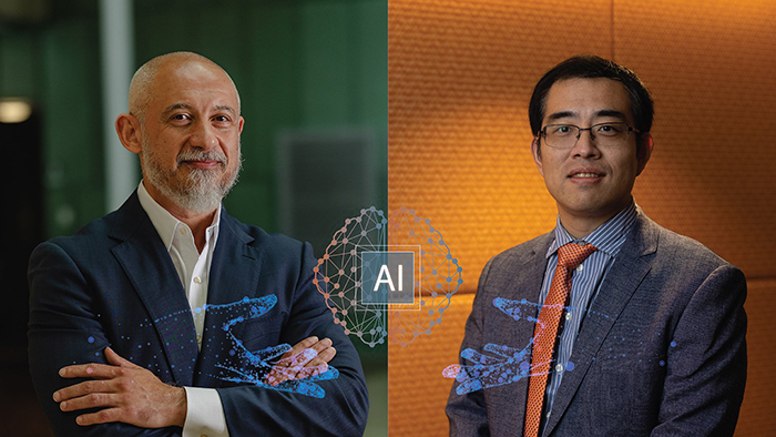 photo of Amar Yousif, vice president and chief information officer, and Xiaoqian Jiang, PhD, professor and chair of the Department of Health Data Science and Artificial Intelligence at McWilliams School of Biomedical Informatics. (Graphic by UTHealth Houston)